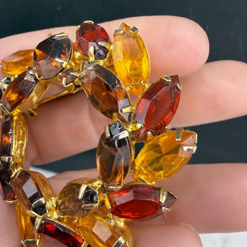 Vintage Rhinestone Brooch Gold Tone Fall Autumn Orange Red Well Made Open Back
